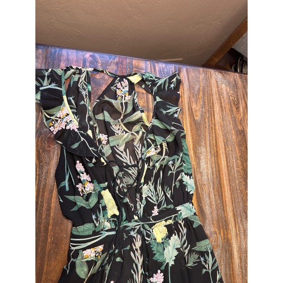 Lulus Floral Maxi‎ Dress Black Yellow Pink Botanical Print Ruffle Sleeve - Picture 4 of 17